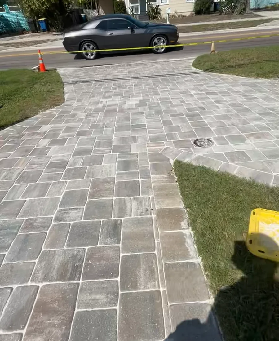 Freshly cleaned paver driveway